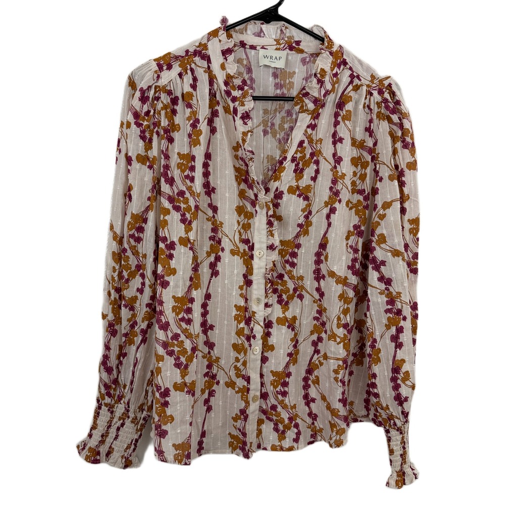 Wrap London Top Womens 10 White Yellow Floral Ruffle Collar Smocked Cuff Blouse